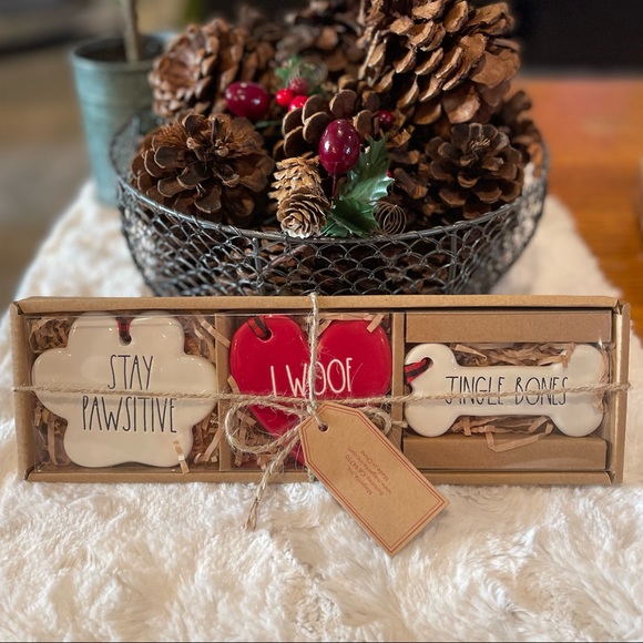 RAE DUNN "STAY PAWSITIVE, I WOOF YOU, JINGLE BONES” Christmas Ornament Set of 3 - Picture 5 of 5